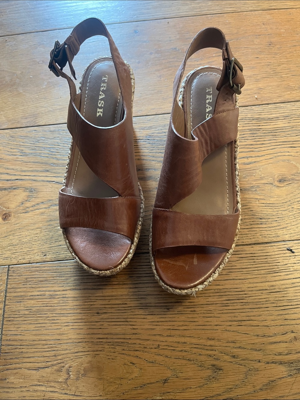 Trask Brown Leather Espadrille Wedge Sandals with Ankle Buckle
